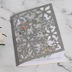 Laser Cut Snowflake Wedding Invitation Cards Glitter Artificial Pearl Paper Party Greeting Cards For Christmas Event Supplies