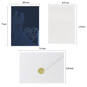 Detailed size chart for laser cut navy blue wedding invitation cards with envelopes