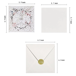 Laser cut lace wedding invitation set with white cards and gold stickers in 5.9 inch size