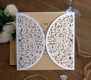 Laser cut lace wedding invitation with pearl paper cover and kraft inner sheet