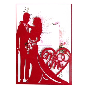Laser cut red wedding invitation with Mr & Mrs silhouette and floral insert card