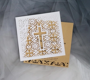 European laser-cut wedding invitation with hollow cross design and kraft paper insert card
