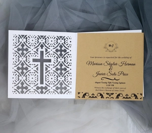 European laser cut wedding invitation with hollow cross design and kraft paper insert