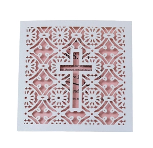 Laser cut white European style hollow cross wedding invitation with pink card insert