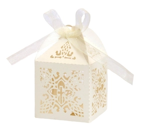 Elegant laser-cut hollow candy box with cross pattern and white ribbon for weddings