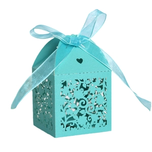 Tiffany blue hollow floral wedding candy box with laser-cut design and satin ribbon