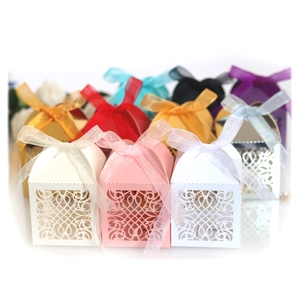 Laser-cut hollow candy gift boxes with silk ribbons for wedding and party favors
