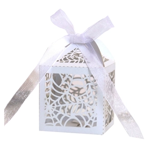 Elegant white laser-cut spider web candy box with a wide white organza ribbon bow