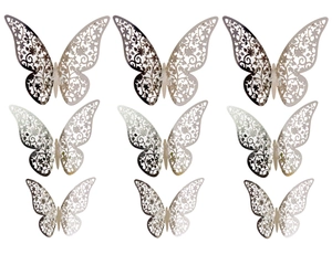 Detailed macro view of 3D gold and silver hollow butterfly wall stickers in three sizes