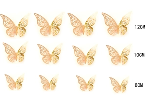 Set of 12 golden 3D hollow butterflies in three sizes for 3D wall decoration