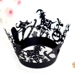 Halloween laser-cut cupcake wrappers with black witch, pumpkin, and bat silhouette designs