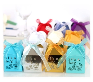 Laser cut It's A Boy baby shower candy boxes with strollers and ribbons in various colors