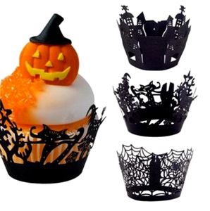 Detailed laser cut black Halloween cupcake wrappers with castle and spider web motifs