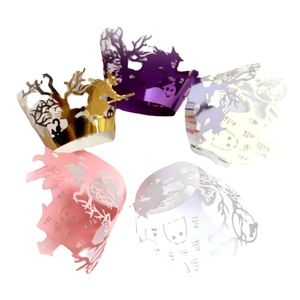 Halloween laser cut cupcake wrappers with witch pumpkin and tree patterns in five colors