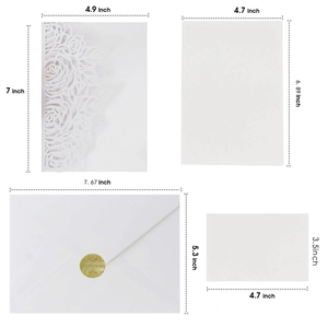 Detailed dimensions of laser-cut rose wedding invitation set with envelopes and RSVP cards