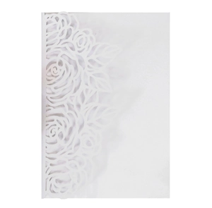 Macro view of white laser-cut rose patterns on elegant wedding invitation card