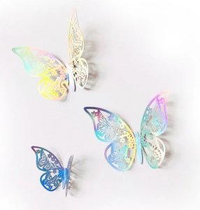 Detail von 3D-Laser-Schmetterlings-Wandstickern mit buntem holografischem Finish