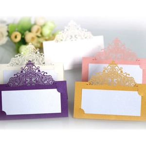 Laser cut hollow wedding place cards with golden crown lace design in pearl paper finish