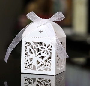 Detail showing white laser-cut butterfly and floral patterns with white organza ribbon bow