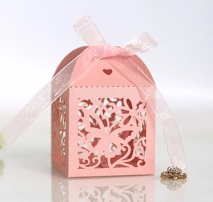 Detailed close-up of pink butterfly hollow candy box with ribbon and laser cut patterns