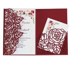 Laser cut burgundy rose wedding invitation set with floral inner card and RSVP