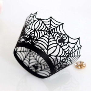 Laser-cut black spider web cupcake wrappers with spider design for Halloween parties