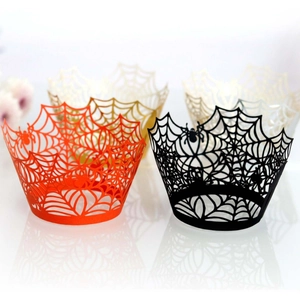 Laser cut Halloween spider web cupcake wrappers in black, orange, gold and white set