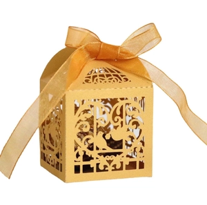 Golden laser cut lovebird candy box with ribbon for European wedding and Valentine gift