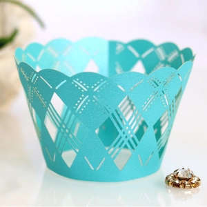 Teal laser-cut lace cupcake wrapper with geometric hollow design for wedding party decor