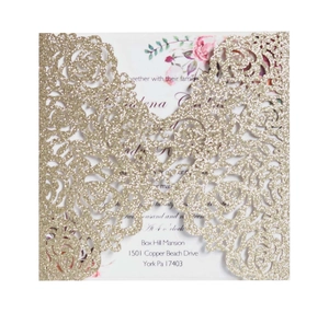 Glittering gold laser-cut heart invitation card set with floral inner page