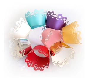 Laser cut cupcake wrappers with bow lace design in multiple pearlescent colors