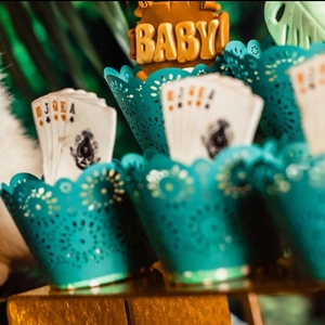 Laser-cut floral dark cyan cupcake wrappers for party dessert decorations