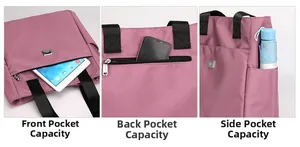 Detail view of the oxford tote bag showing front pocket, back zipper and side pockets