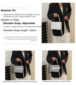 Quilted crossbody bag dimensions 19x13.5x6.5cm with size comparison and strap details