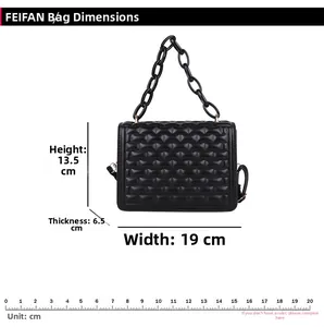 Size chart for black quilted crossbody bag showing width 19cm and height 13.5cm details