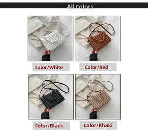 Quilted crossbody chain bag detail showing white, brown, black and khaki color options