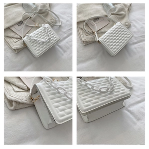 Detail shots of white quilted crossbody bag with decorative thick chain and adjustable strap