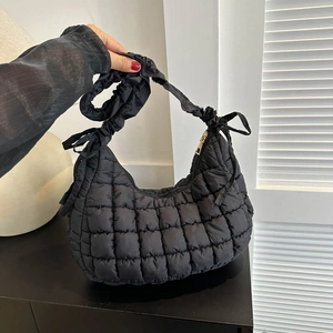 Fashion Women Quilted Nylon Shoulder Bag Ruched Strap Puffer Underarm Bag Chic Solid Color Daily Commuting Hobo Cloud Bag