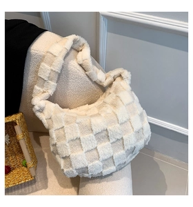 Detail of plush checkered hobo bag in cream white with soft fuzzy texture and spacious design