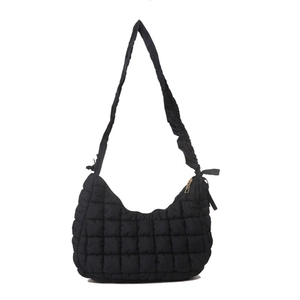 Black quilted bubble shoulder bag with a knotted strap and golden metal zipper