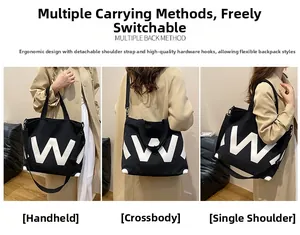 Detail of canvas tote bag showing handheld, crossbody and single shoulder styles