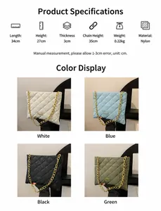 Quilted nylon chain bag dimensions 34x27cm available in white, blue, black, and green