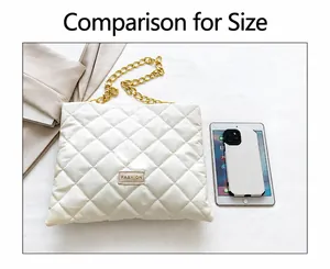 Quilted white shoulder bag with gold chain strap compared with iPad for size reference