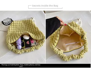 Detail view of yellow quilted tote bag internal storage and zipper pocket layout