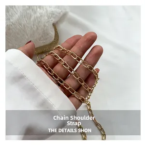 Close-up of golden metal chain strap and white plush fabric on a stylish handbag