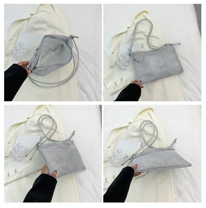 Detail view showing four angles of silver rhinestone shoulder bag with metal strap