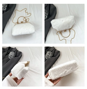 Detailed four-angle shots of white plush handbag with gold chain and metal kiss lock