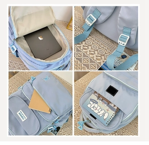 Detail view of water-resistant light blue backpack with adjustable straps and multi-pockets