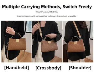 Brown tote bag with geometric embossing shown in handbag, shoulder, and crossbody styles