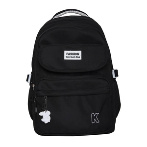 Waterproof black Harajuku backpack with fashion letter patches and cute rabbit pendant